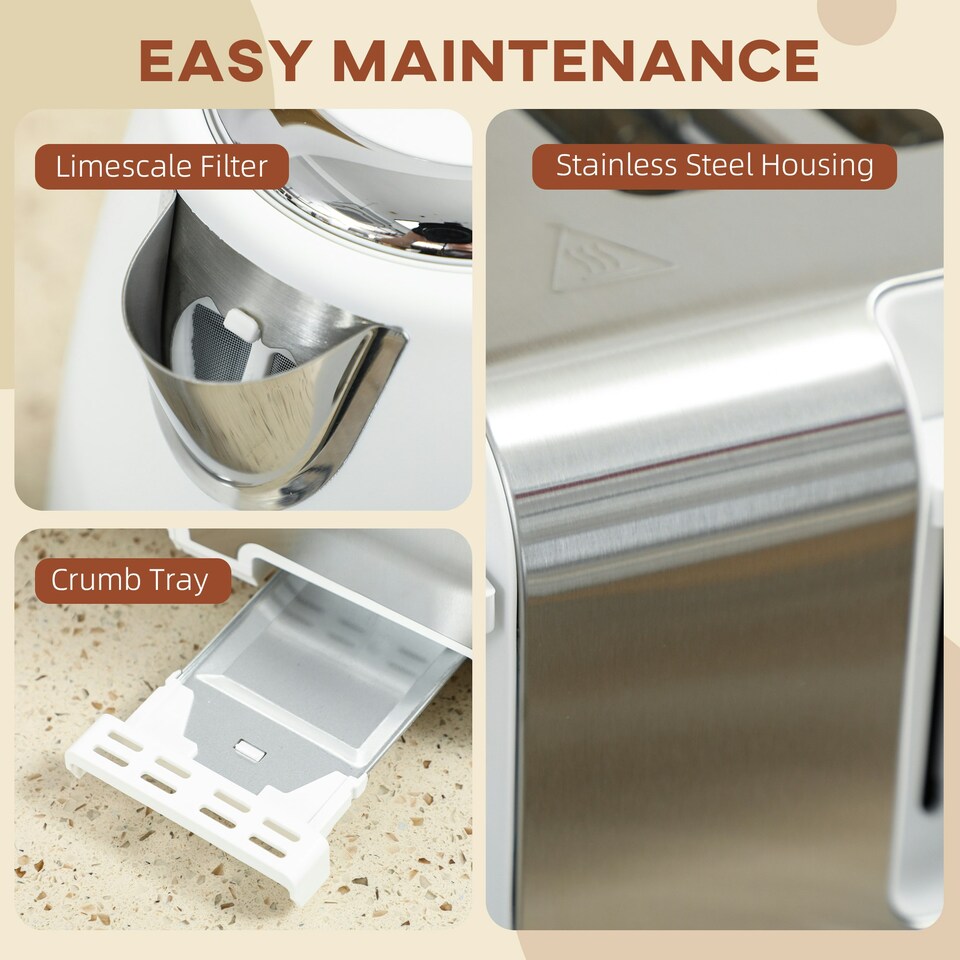 image 1 of HOMCOM 1.7L 3000W Quick Boil Kettle and 4 Slice Toaster Set Crumb Tray White