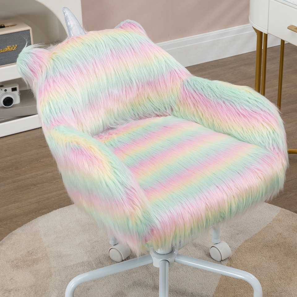 image 1 of Vinsetto Fluffy Desk Chair with Arms, Faux Fur Home Office Chair, Unicorn Swivel Chair with Adjustable Height and Wheels, Colourful