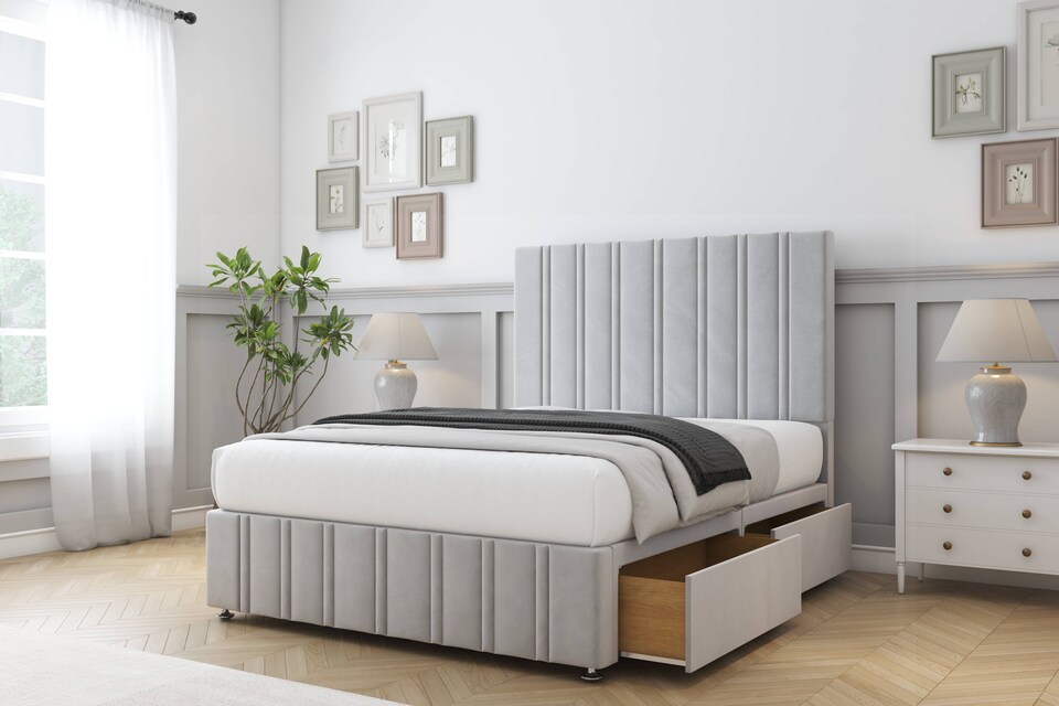 image 1 of Sloomy Langston Silver Plush Divan Bed Base No Drawers With 26 Inch Strutted Headboard & 12 Inch Matching Footboard | Silver | Silver | King | 1
