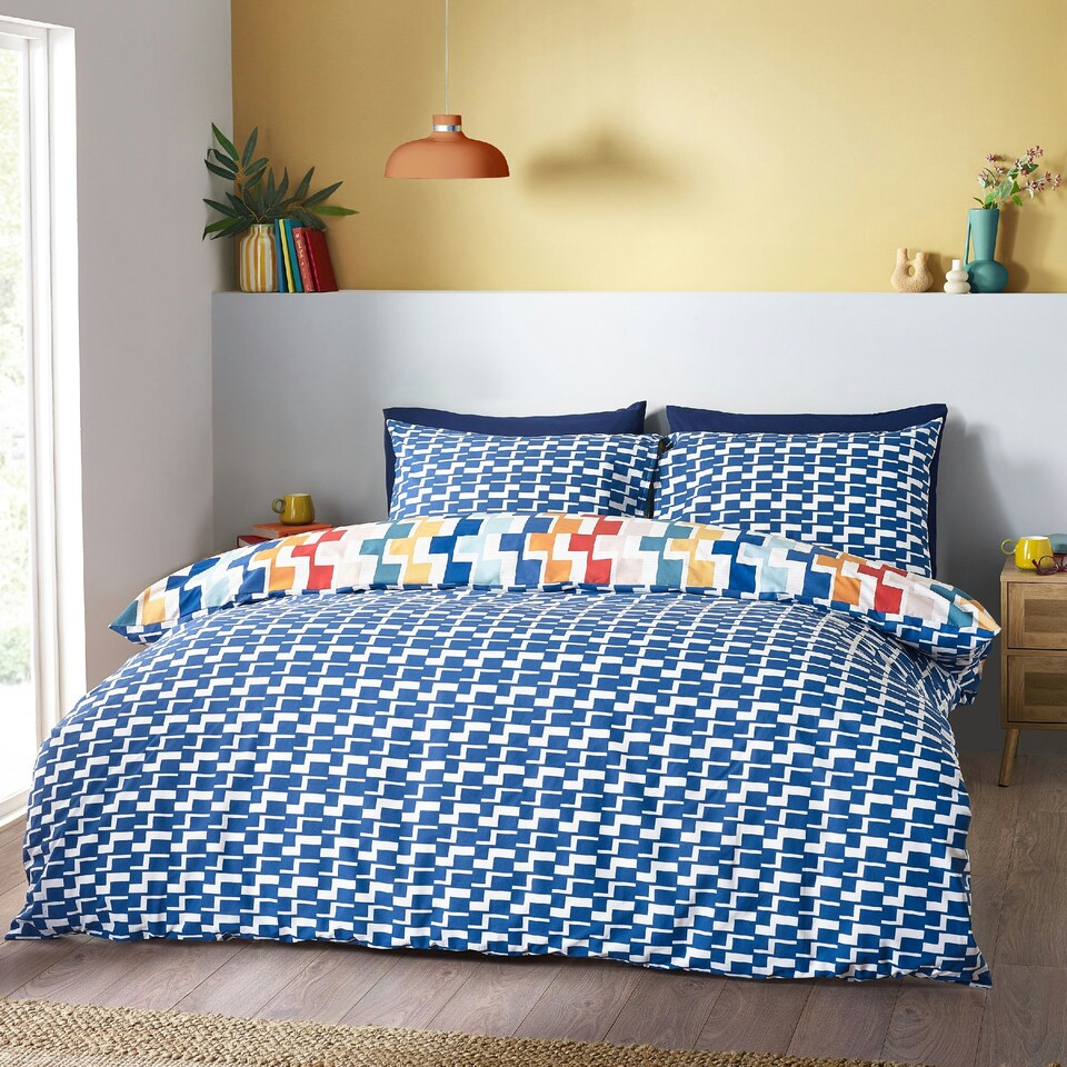 image 1 of Catherine Lansfield Bryson Geo Reversible Duvet Cover Set Brights Blue | Brights | Single