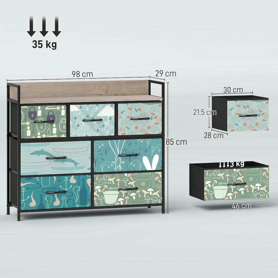 image 1 of HOMCOM 7-Drawer Chest of Drawers, Fabric Dresser with Open Shelf, Blue | Blue | Black frame, Brown wood-effect top | One Size | 1