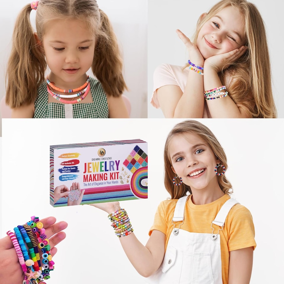 image 1 of Desire Deluxe Bracelet Necklace Making Kit - Clay Beads Friendship Jewellery - Letters and Crafts Making Kit - Elastic Rubber Pendants for Girls (6084 pieces)