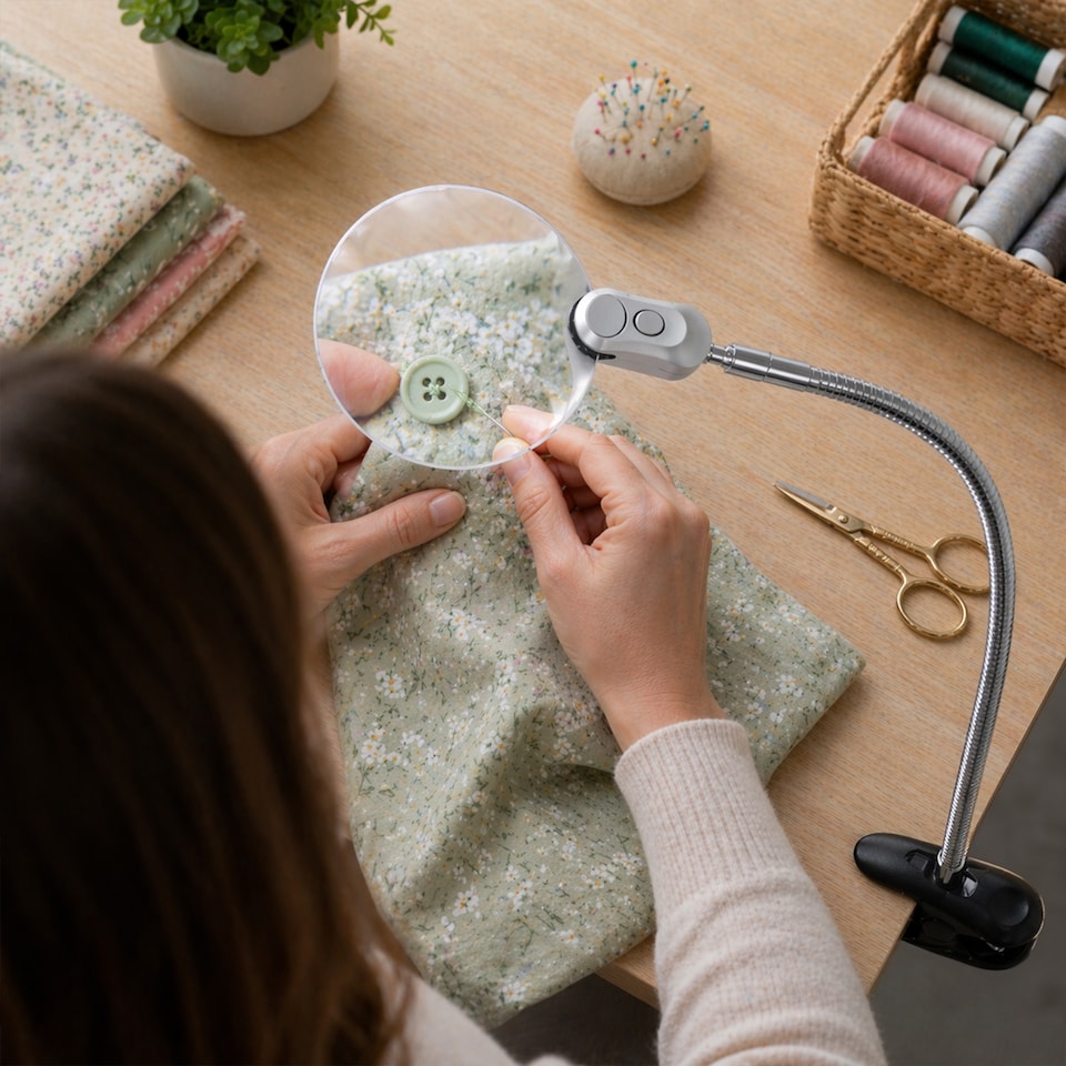 image 1 of PURElite Clip-on Magnifying Light - Battery Powered Table & Desk Lamp with LED Bulbs, Flexible for Reading, Needlework & Sewing | Silver
