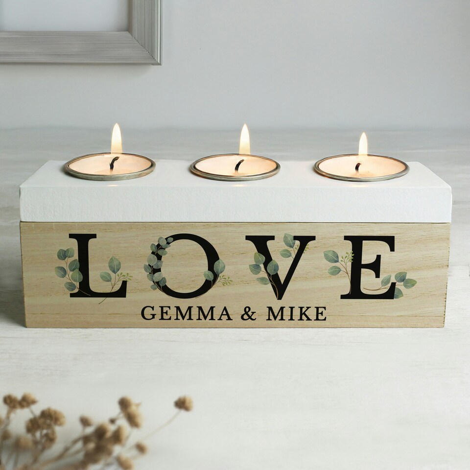image 1 of Personalised Wedding Triple Tea Light Box Brown