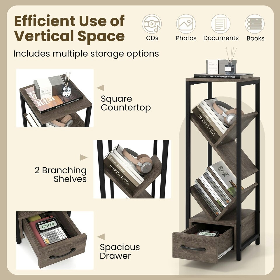 image 1 of COSTWAY 2 Pcs Tree Bookshelf 4 Tier Storage Bookcase with Drawer Grey