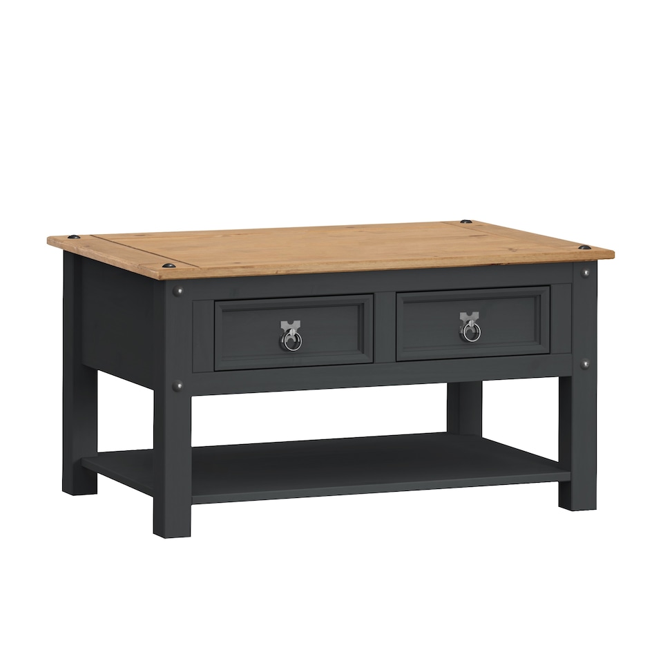 image 1 of Mercers Furniture Corona Charcoal 2 Drawer 1 Shelf Coffee Table Solid Wood Pine Wooden Dark Grey with Mexican Styling