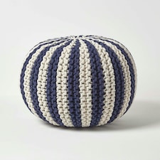 Homescapes Navy and White Knitted Pouffe Striped Footstool - 40 x 50 cm