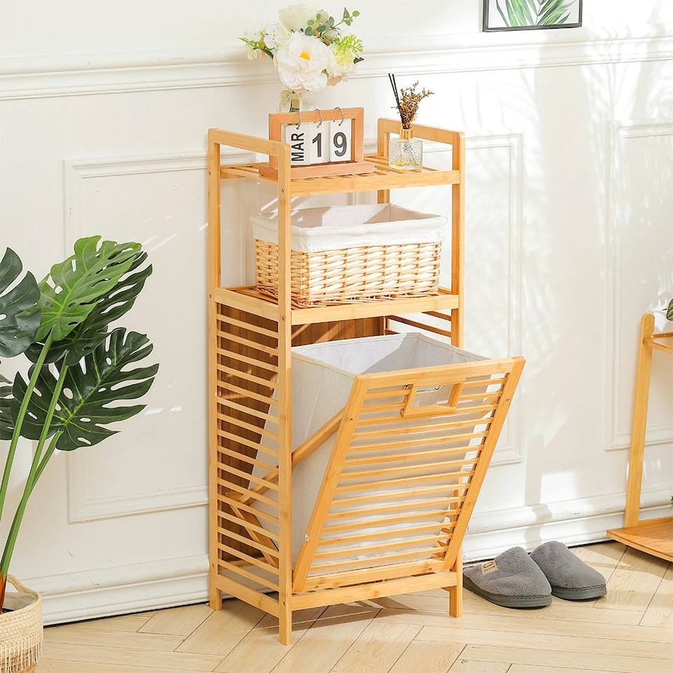 image 1 of Living and Home Bamboo Laundry Hamper Basket with Liner Bag