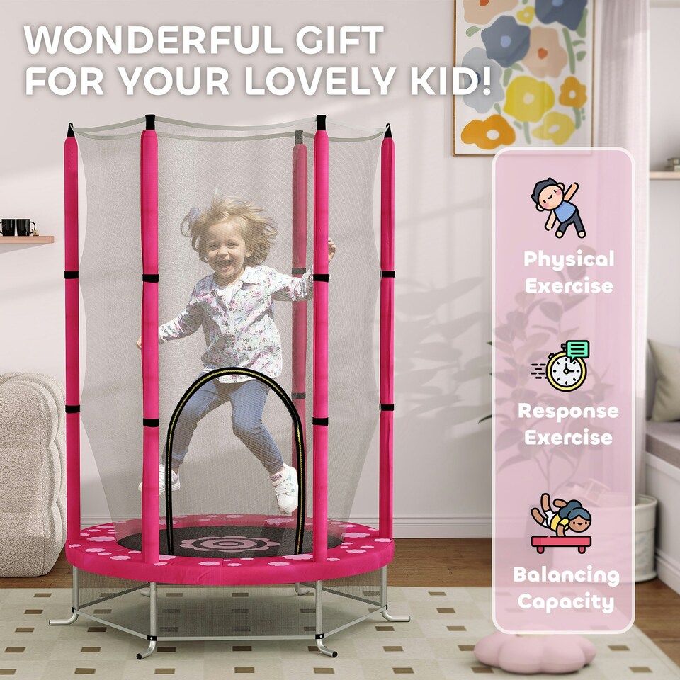 image 1 of AIYAPLAY 4.6FT Kids Trampoline with Safety Enclosure Net, Pink