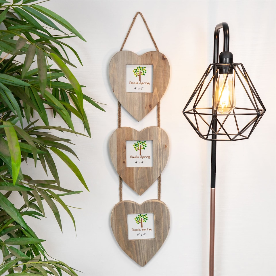image 1 of Nicola Spring Rustic Hearts Hanging 3 Photo Frame - 4 x 4" - Natural