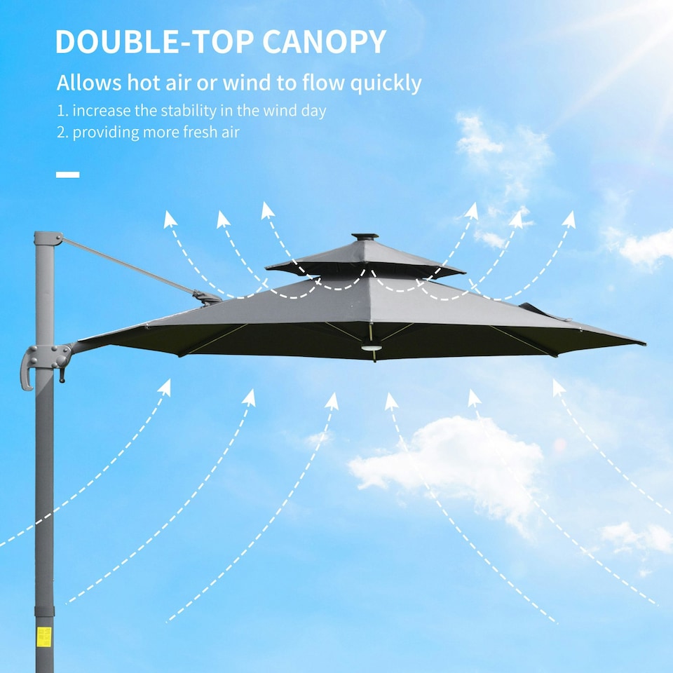 image 1 of Outsunny 3m Cantilever Parasol Solar Lights Power Bank Base 360° Spin Dark Grey