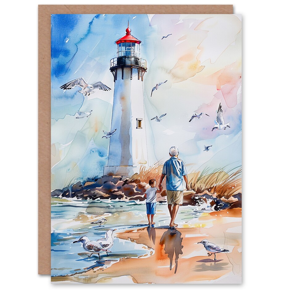 image 1 of Lighthouse Seagulls Beach Walk With Grandad Retirement Card