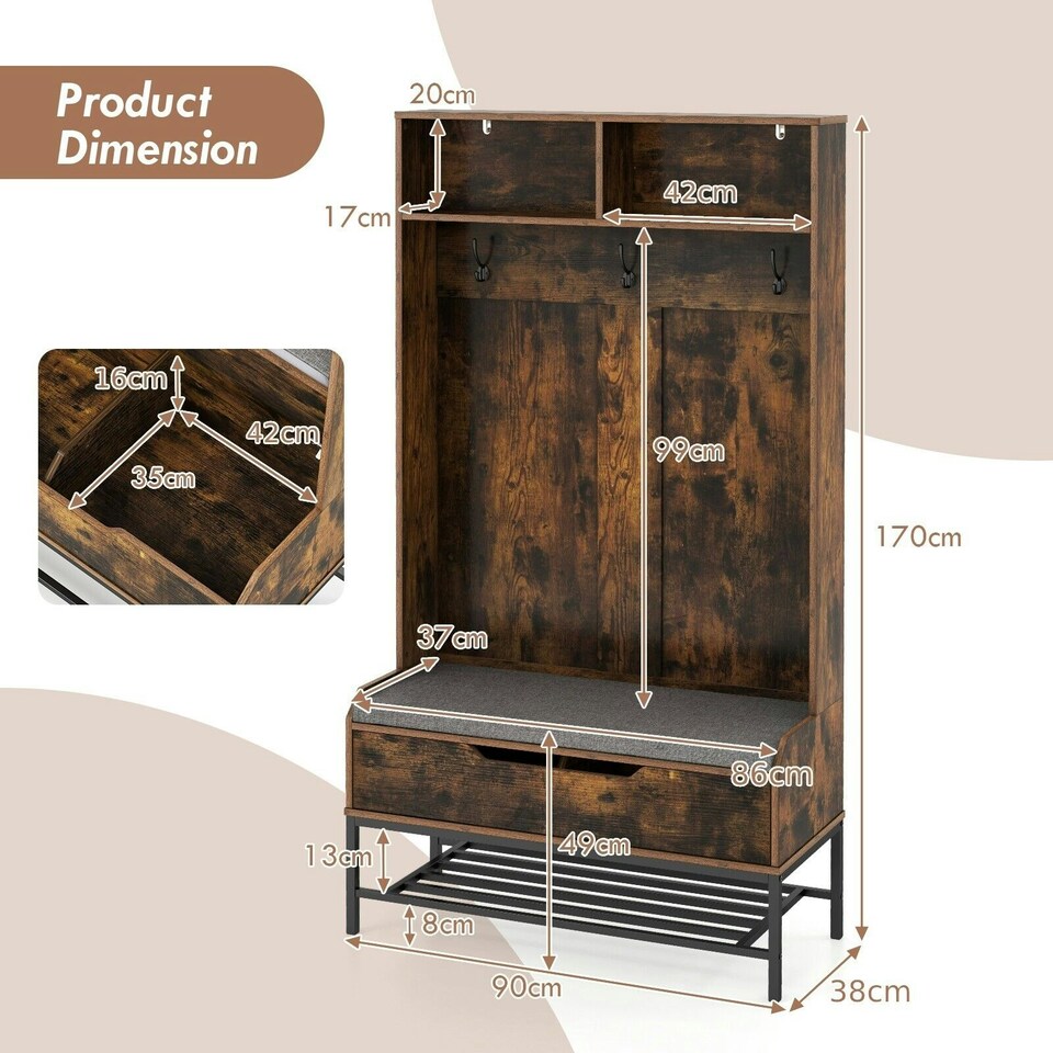 image 1 of COSTWAY 170cm Tall Hall Tree 4-in-1 Coat Rack Entryway Brown Brown | One Size