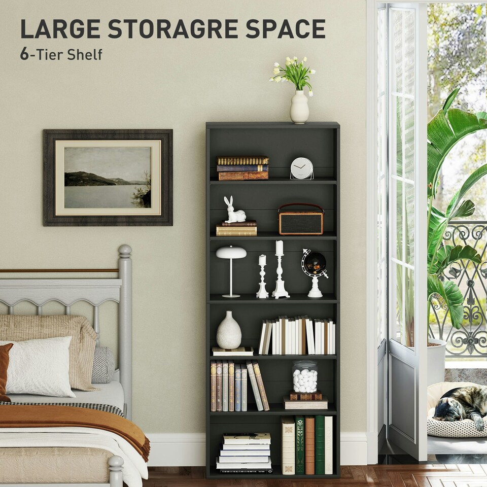 image 1 of HOMCOM 6 Tier Bookshelf, Freestanding Bookcase with Adjustable Shelves, Black