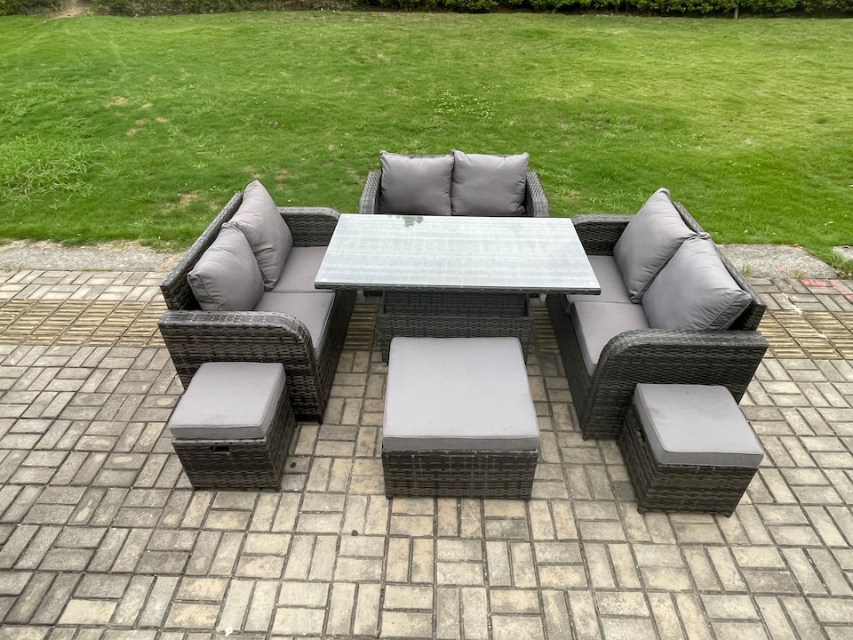 image 1 of Fimous Rattan Garden Outdoor Furniture 3 PC Love Sofa Set Adjustable Rising lifting Dining Table With 3 Footstools
