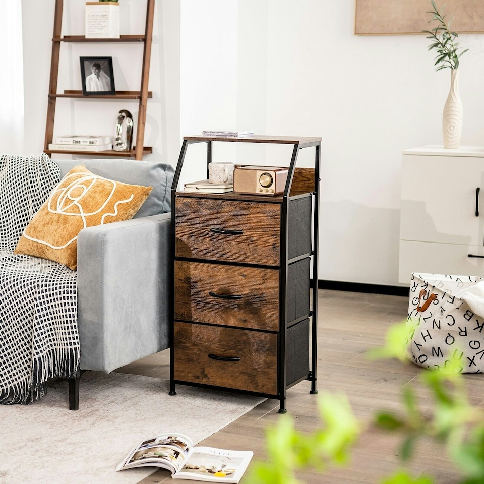 image 1 of COSTWAY 3-Drawer Storage Dresser Organizer W/ Fabric Drawers Brown