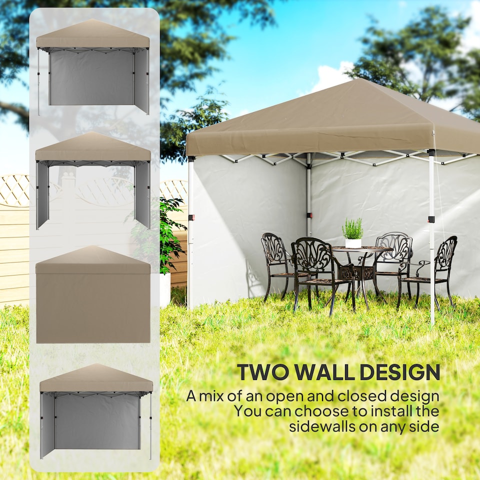 image 1 of Outsunny 3 x 3 M Pop Up Gazebo, UPF 30 with 2 Sidewalls, Leg Weight Bags and Wheeled Bag, Height Adjustable Party Tent Event Shelter for Garden, Patio | Brown | Khaki | 1