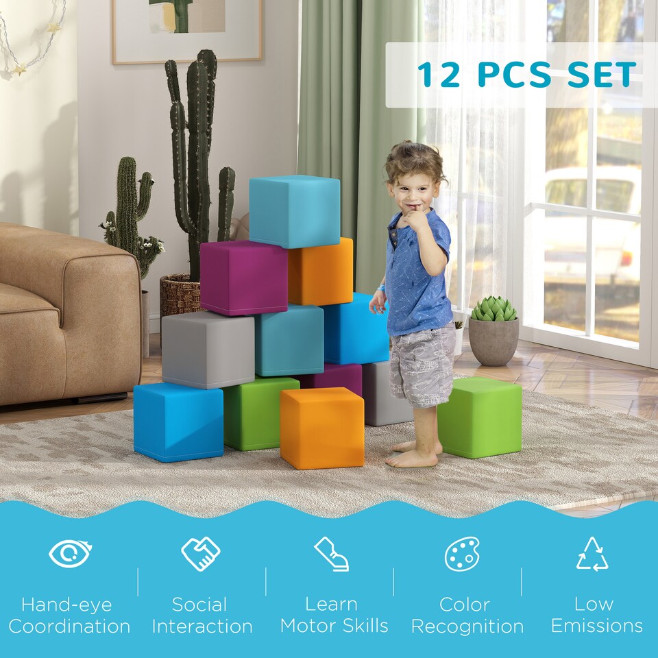 image 1 of HOMCOM 12 PCs Soft Play Blocks Soft Foam Toy Grey