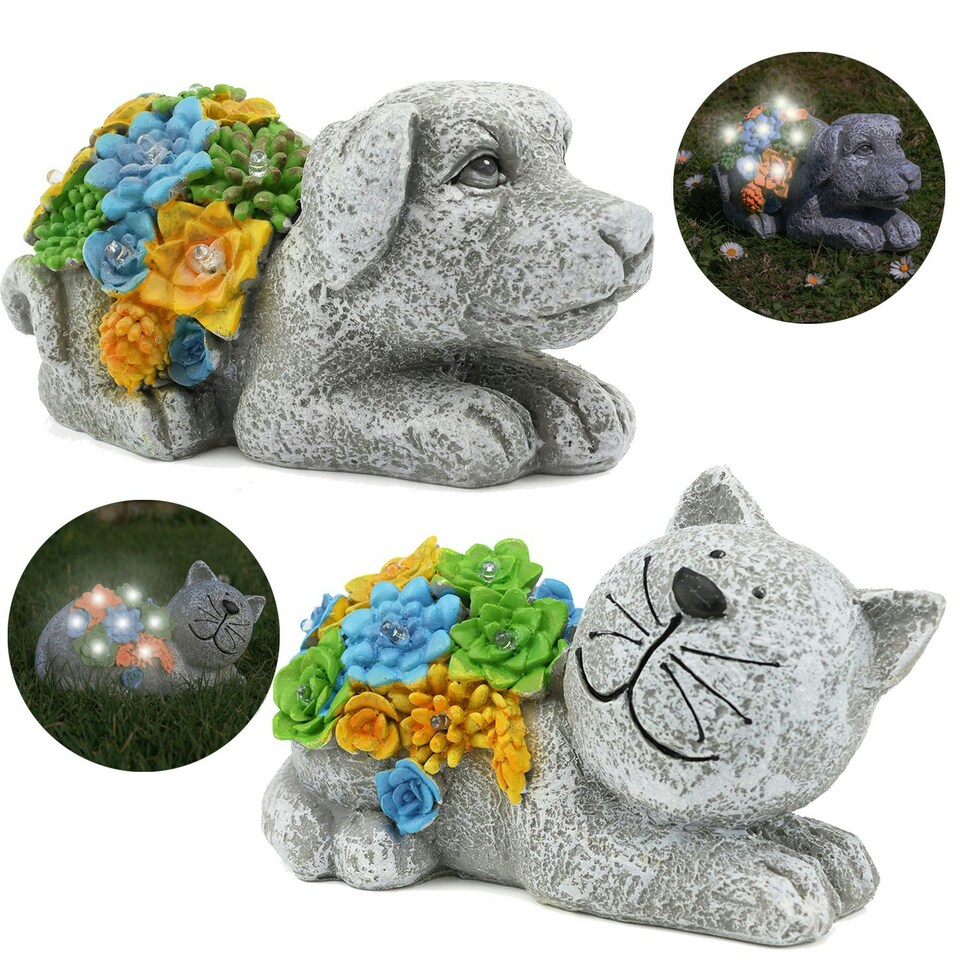 image 1 of Solar Dog & Cat Statue Set (Dog: 10x14x20cm, Cat: 11.5x22x15cm) – Garden Ornaments with Succulents & LED Lights