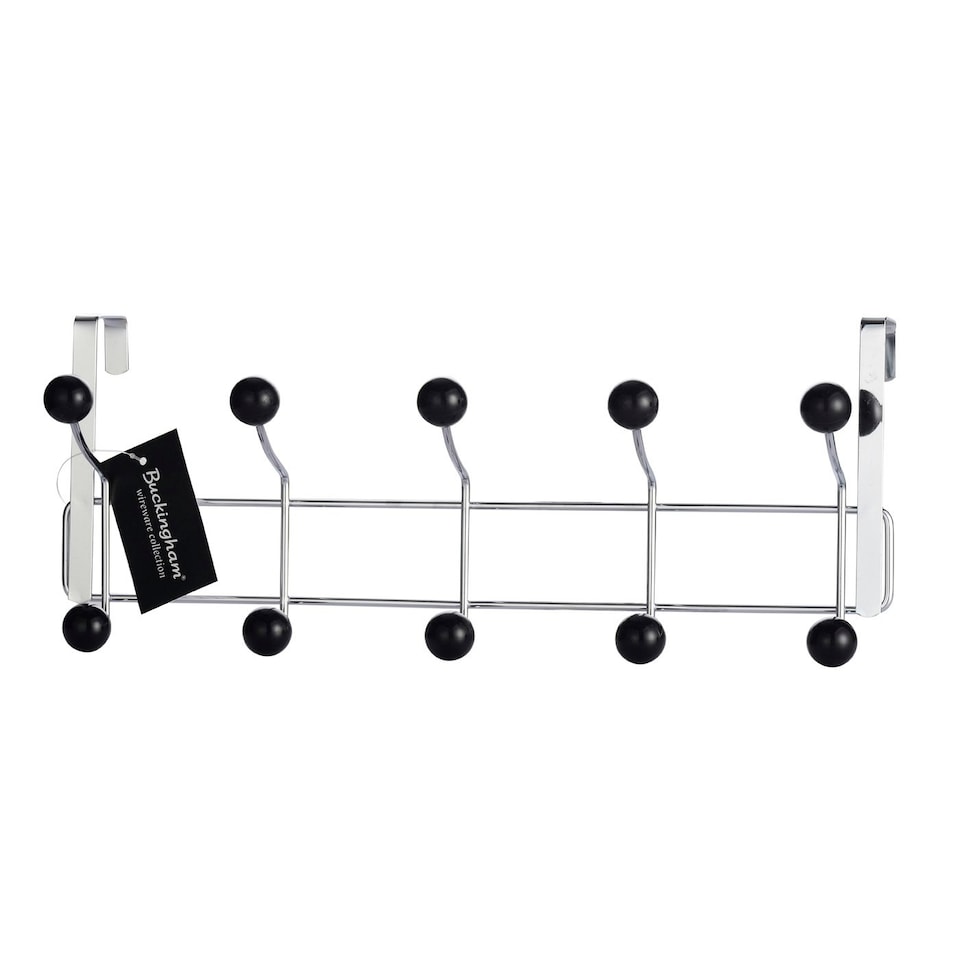 Buckingham Premium Over The Door 10 Hook Coat Hanger with Black Plastic Balls