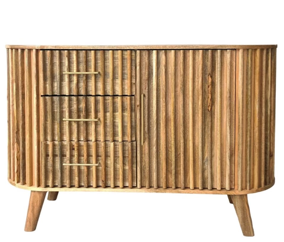image 1 of Slatted One Door 3 Drawer Sideboard - Mango Wood - L45 x W118 x H80 cm - Mango Light Finish - Assembly Required | Brown