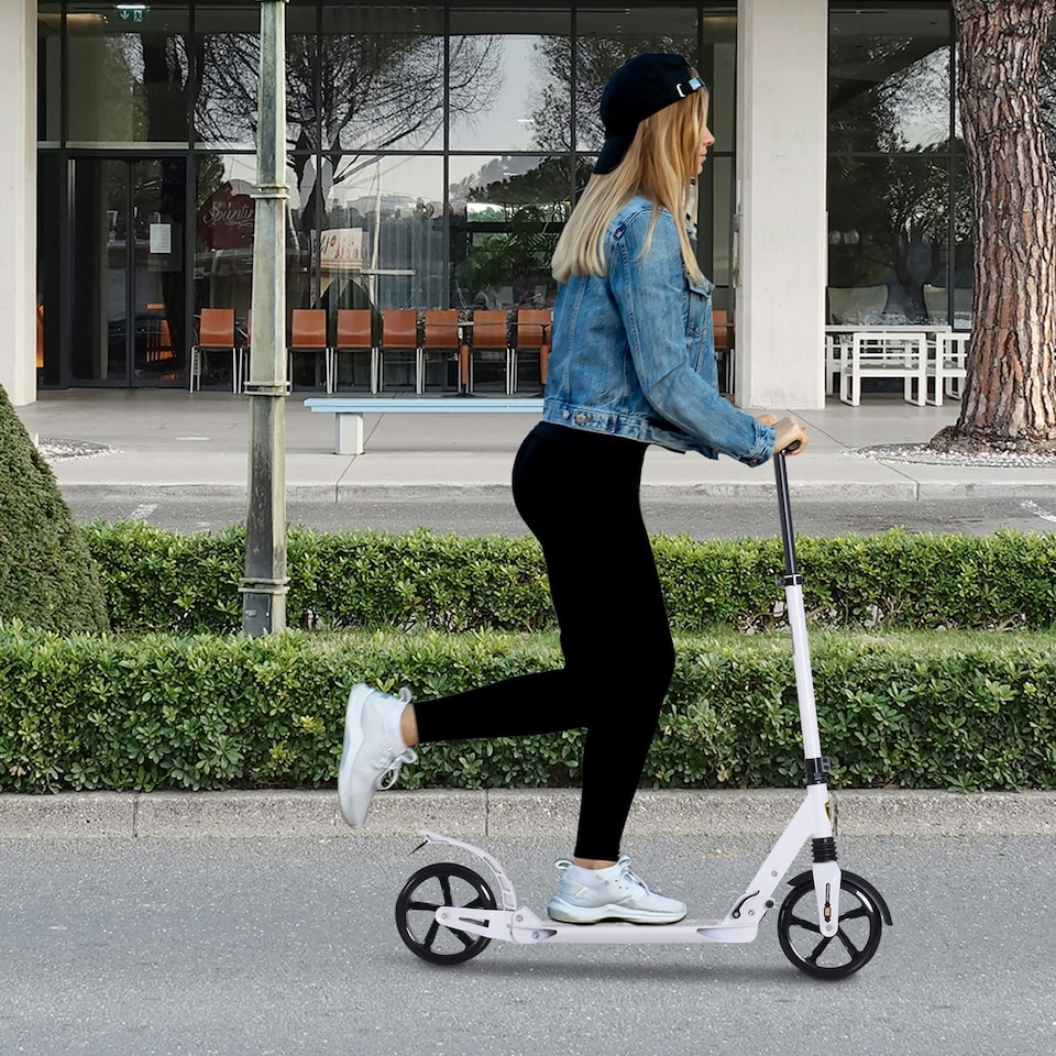 image 1 of HOMCOM Folding Kick Scooter, Adjustable Ride On Scooter with 200mm Big Wheels and Double Shock Absorption, Urban Scooter for 14 older Teens Adult, White