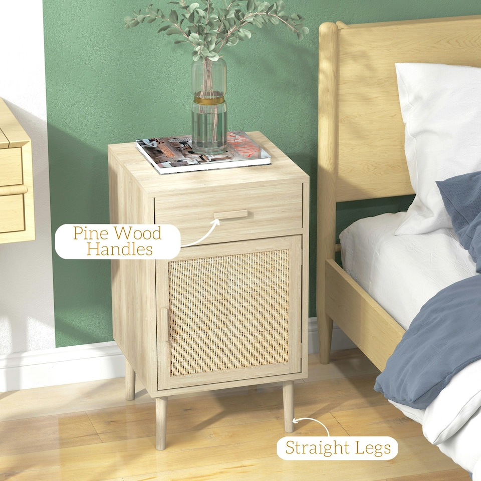 image 1 of HOMCOM Bedside Tables Set of 2 with Drawer Cabinet Adjustable Shelf Natural