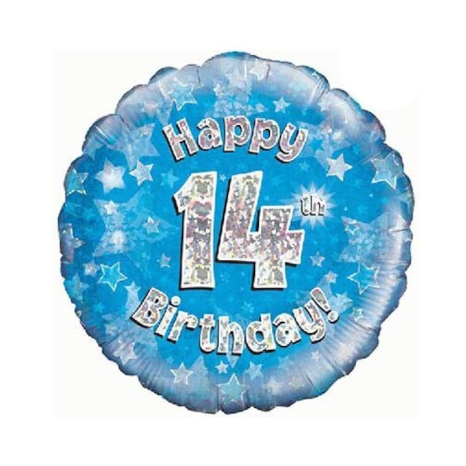 Blue Happy 14th Birthday Holographic Round Foil Helium Balloon 46cm / 18 in