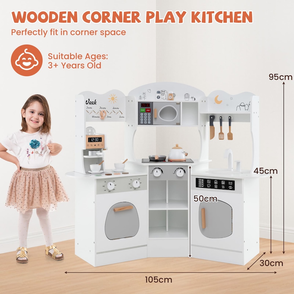 image 1 of COSTWAY Corner Wooden Play Kitchen Toddler Kitchen Playset w/Sounds-White