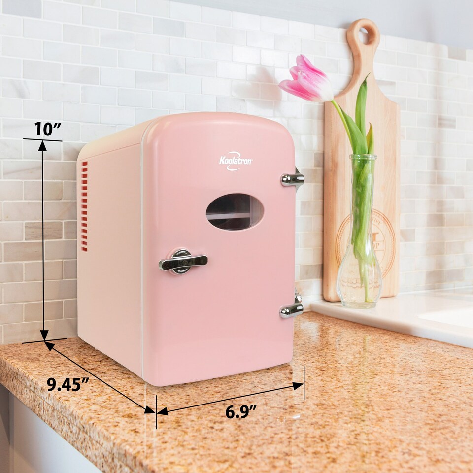 image 1 of Koolatron 4L Retro Portable Mini Fridge 12V DC 230V 6 Can Cooler Pink