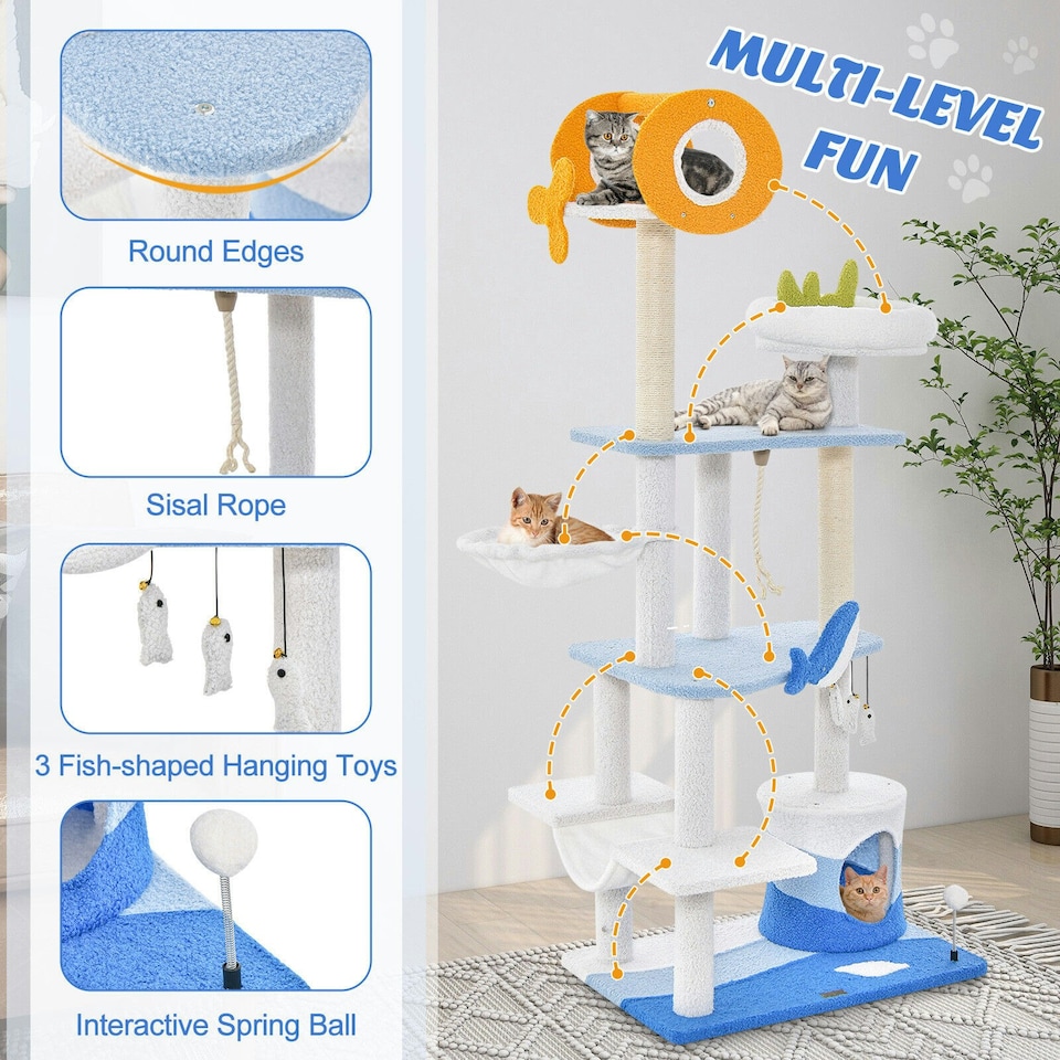 image 1 of COSTWAY Ocean-themed Cat Tree Tower Cat Activity Center
