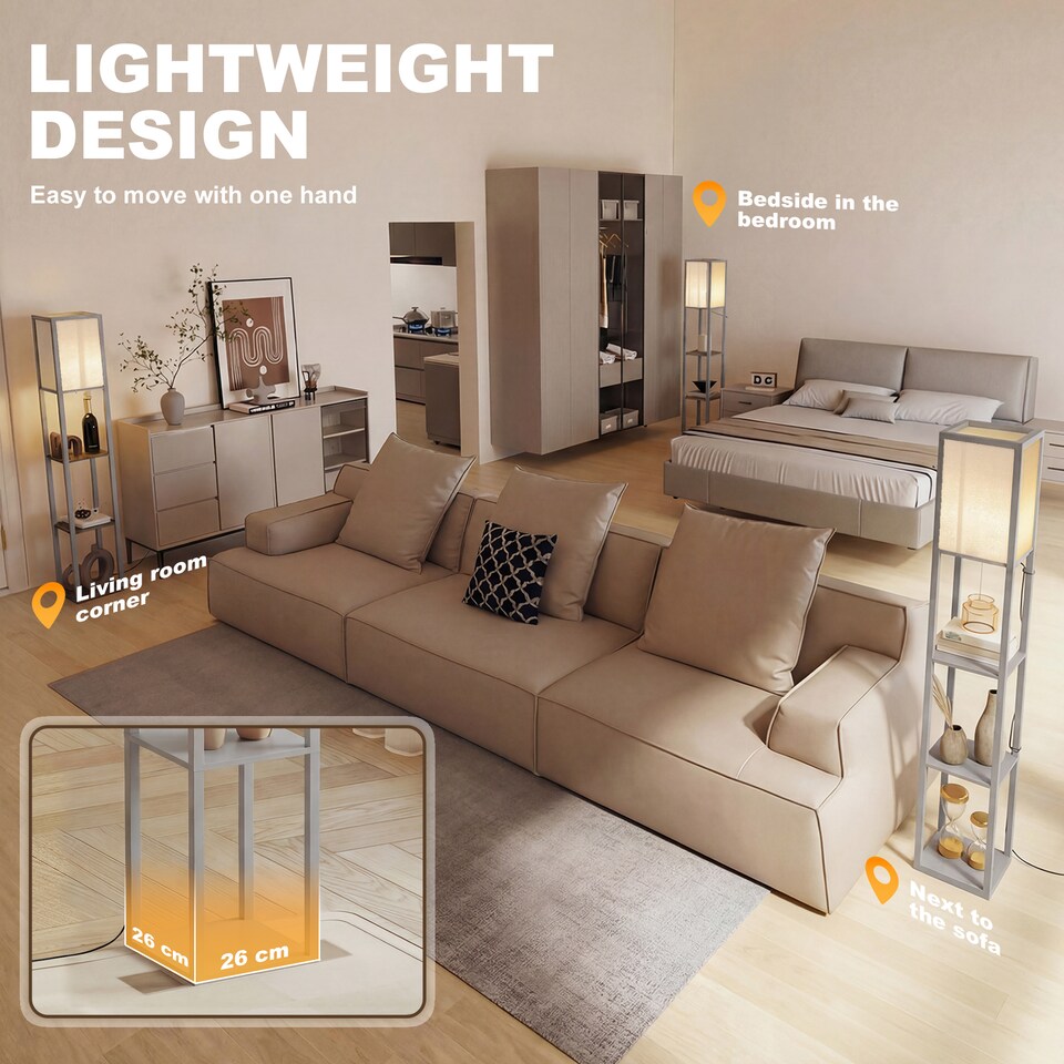 image 1 of HOMCOM Floor Lamp Reading Lamp with 3-Tier Storage Shelf for Home Office Grey