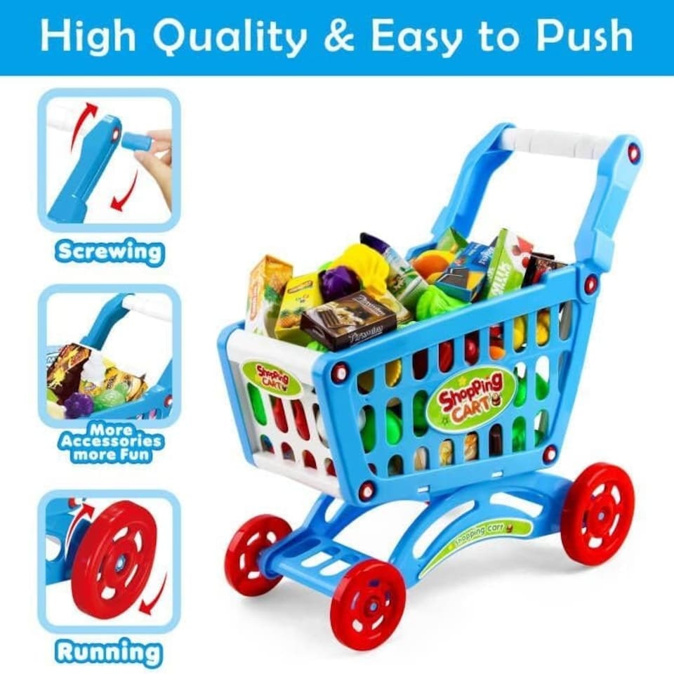 image 1 of Shopping Cart Trolley Play Set for Children – Includes 78 Grocery Food, Fruit, and Vegetable Accessories (Blue)