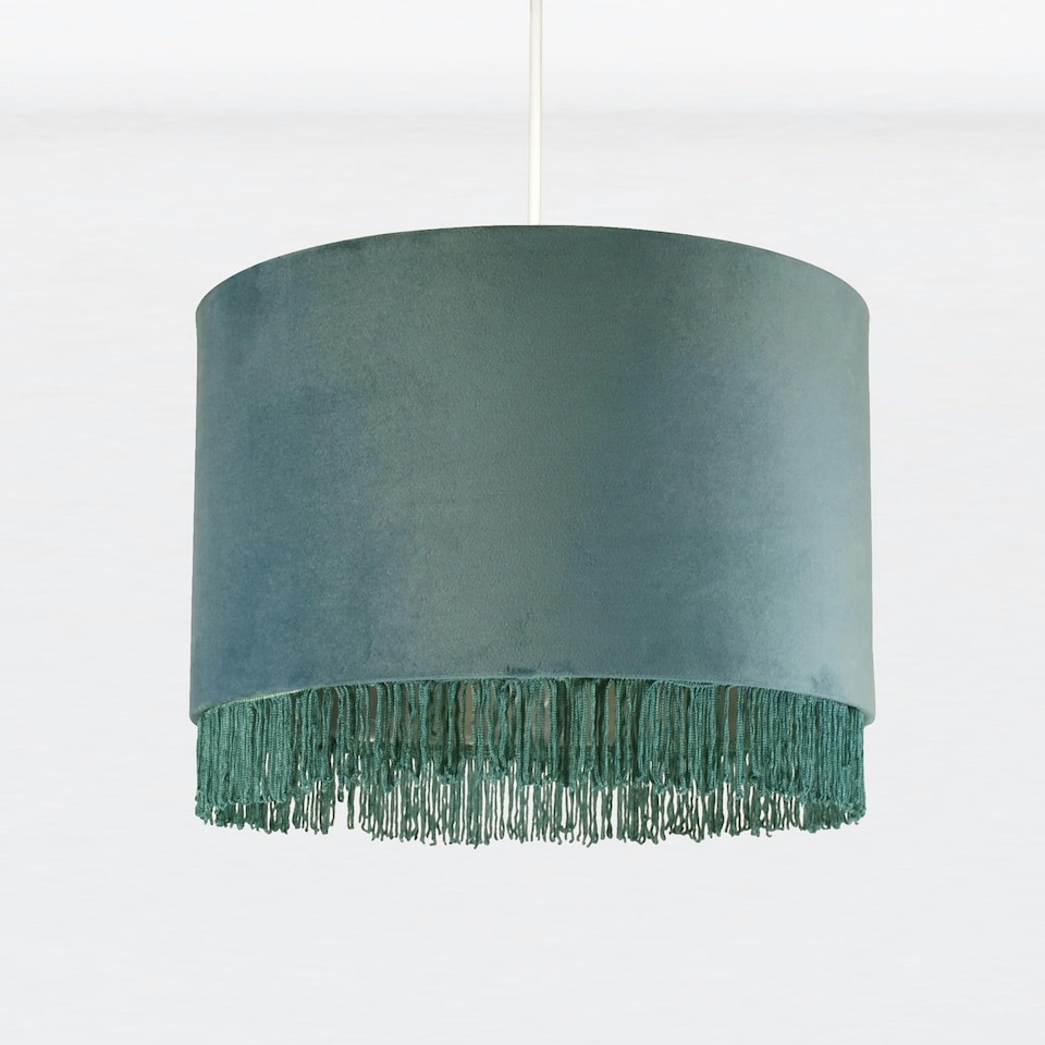 image 1 of First Choice Lighting Set of 2 Teal Velvet With Chrome Inner Tassled Light Shades Green | Chrome
