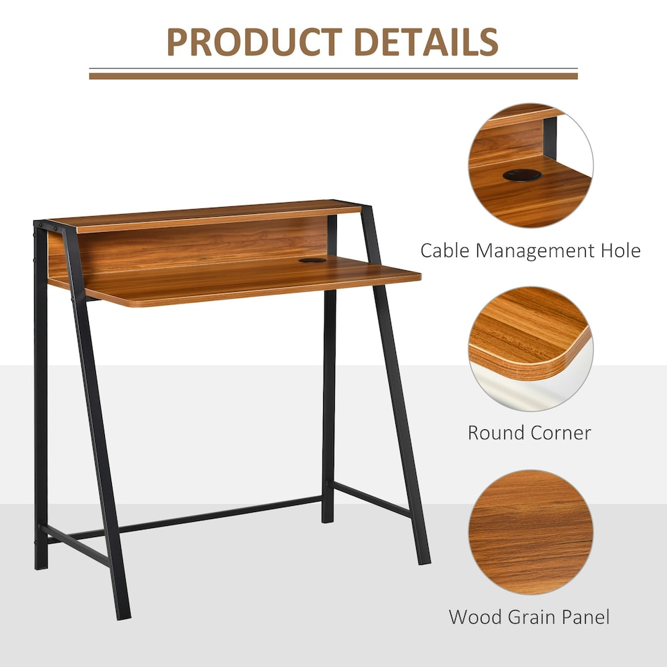 image 1 of HOMCOM 2-Tier Storage Computer Workstation with Shelf, Metal Frame Walnut
