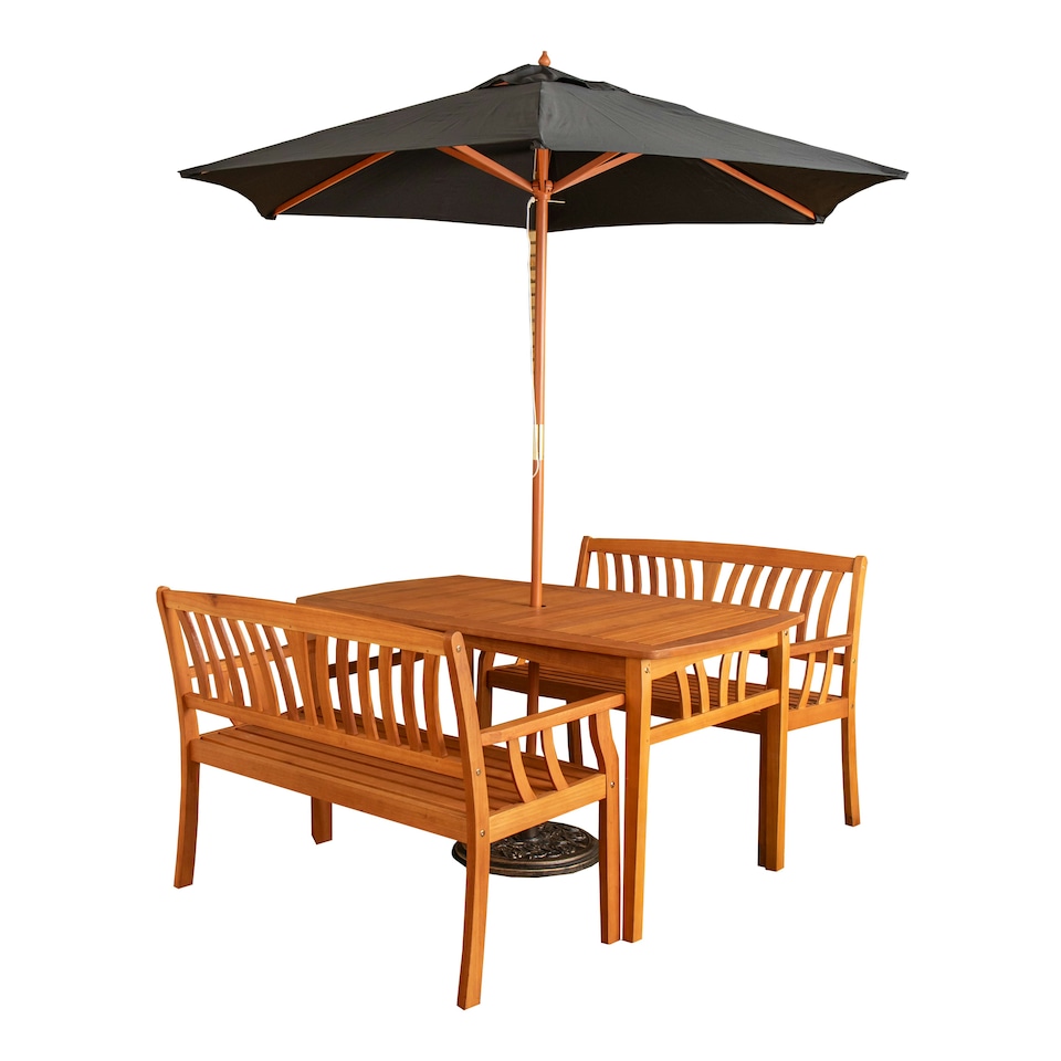 image 1 of Outdoor 4 Person Rectangular Wooden Garden Dining Table & 2 Benches with Black Parasol & Base Furniture Set
