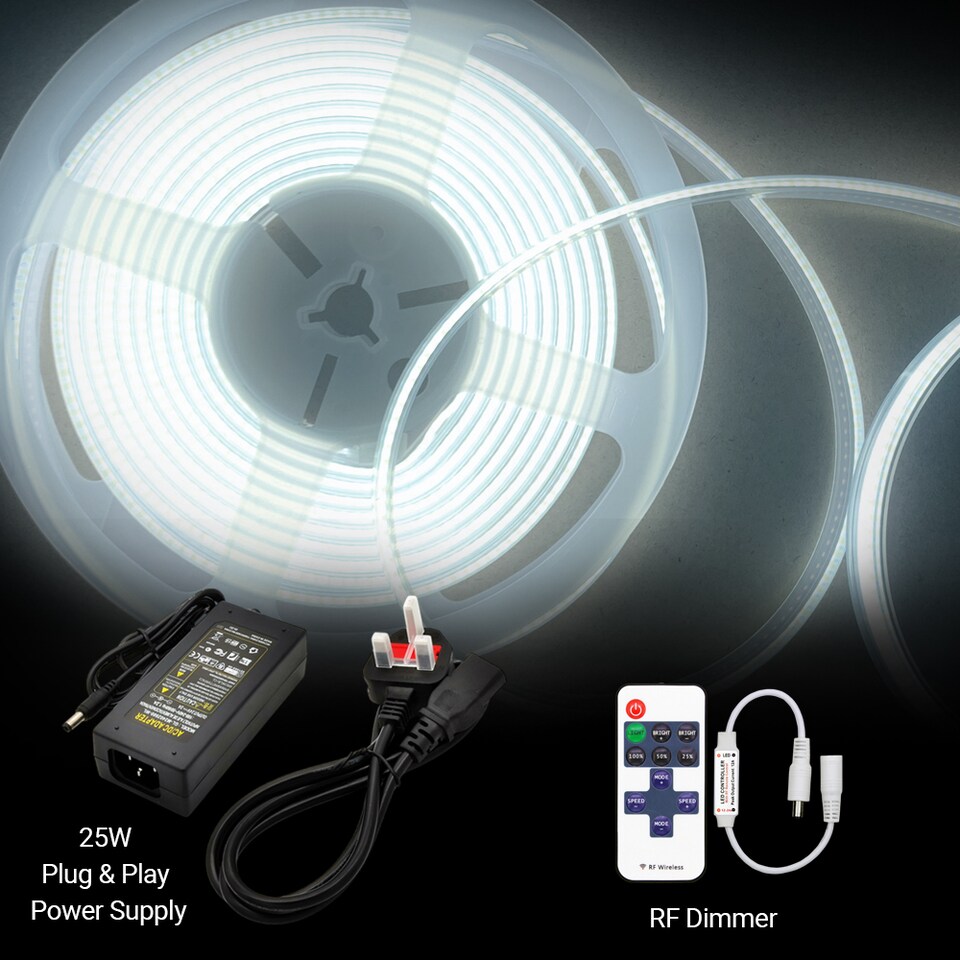 image 1 of 5 Meters Set of 24V Dotless COB Strip with 480 LEDsM Dimming Controller UK Adapter Plug 6500K
