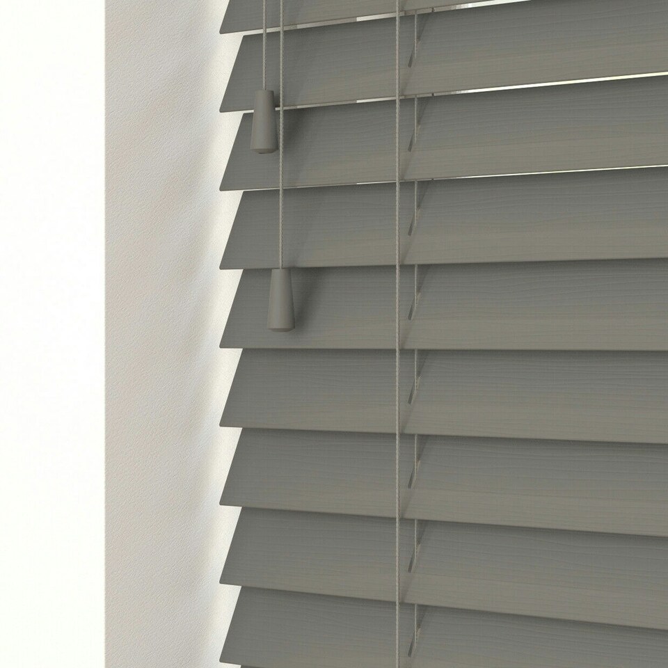 image 1 of 80cm Smooth Grey Faux Wood Venetian Blinds with String (120cm Drop) | Grey | Grey
