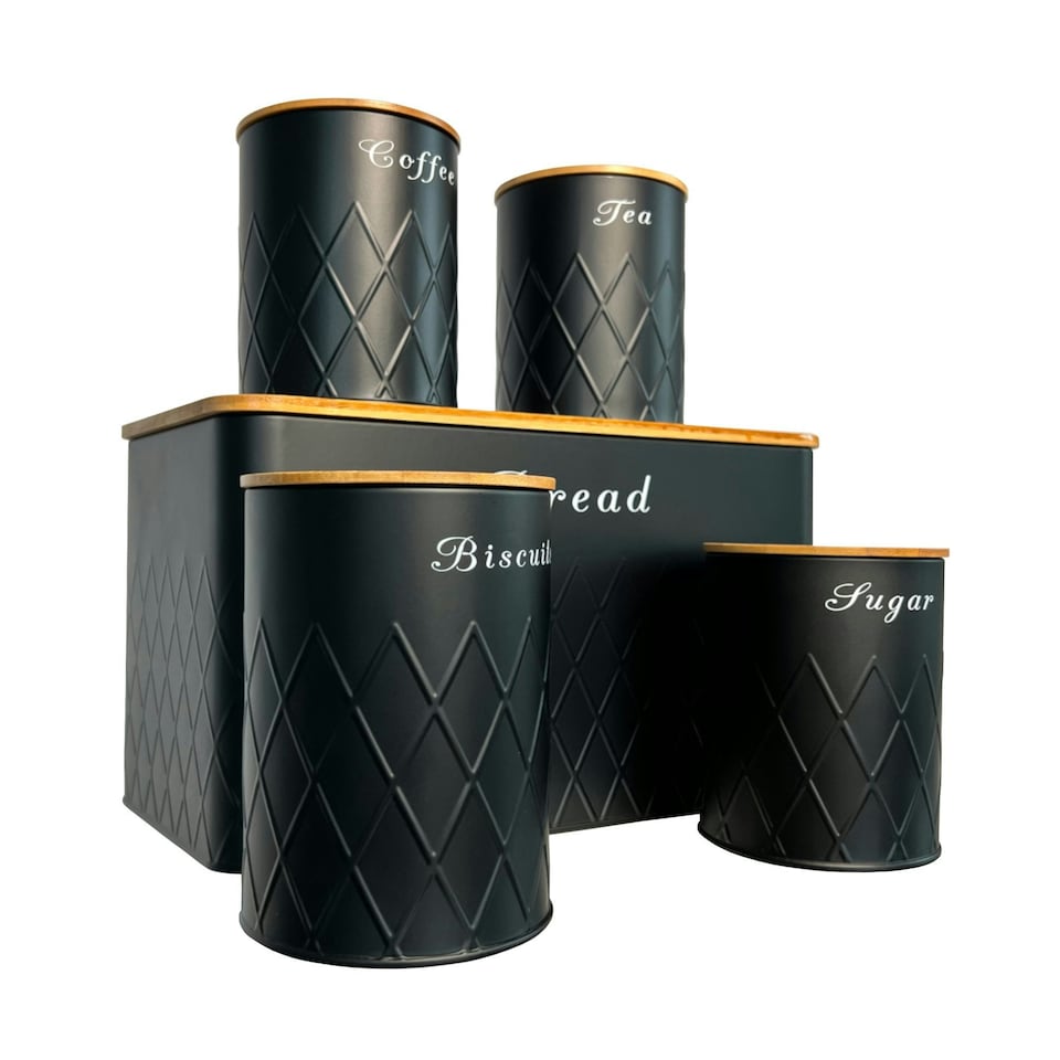 image 1 of Oypla 5pc Black Bamboo Lid Kitchen Canister Storage Tin Set Bread Biscuits Tea Sugar Coffee Black