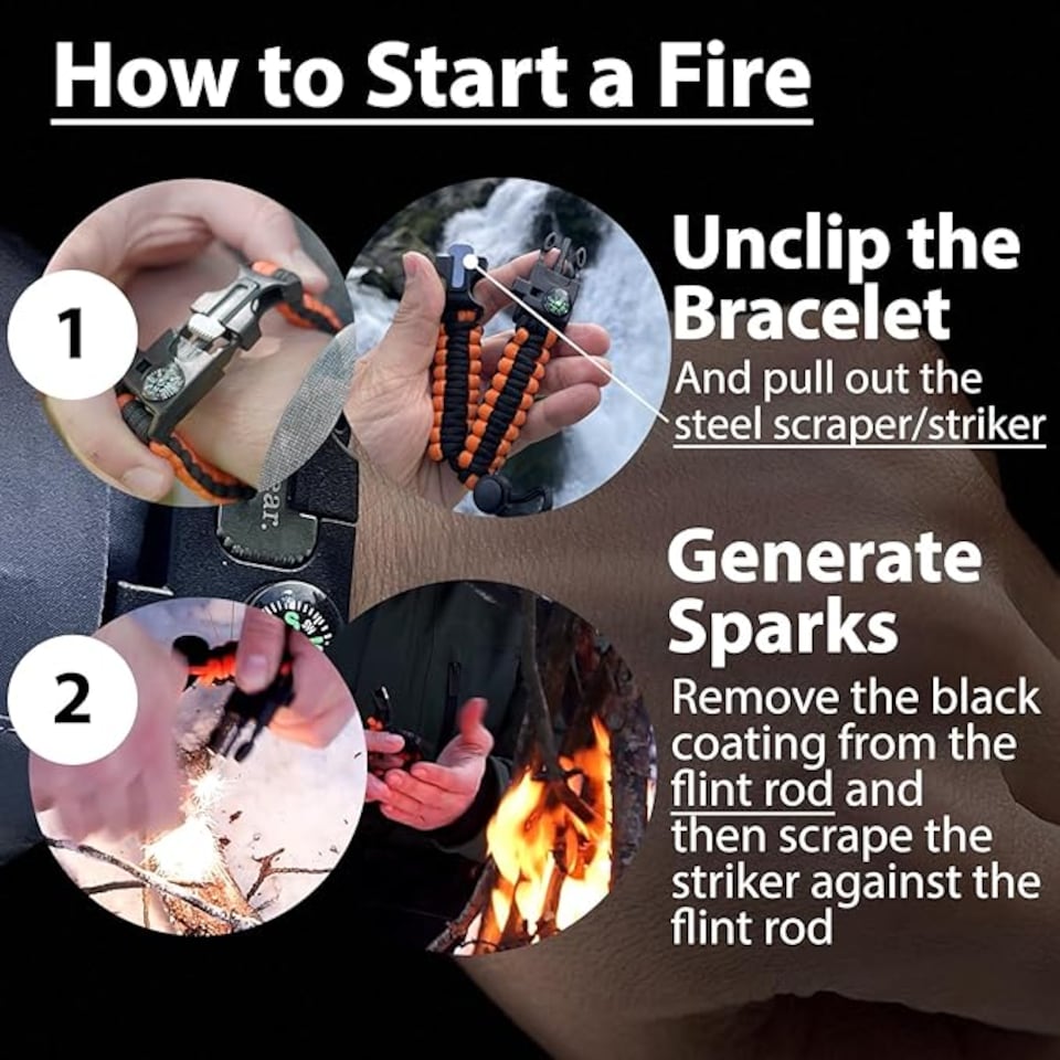 image 1 of aZengear Paracord Survival Bracelet (Pair), Flint Fire Starter, Whistle, Compass for Camping, Bushcraft and Emergency Equipment