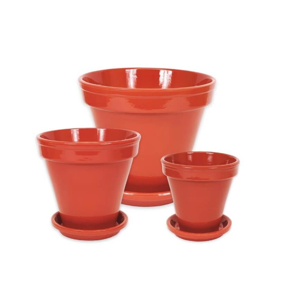 image 1 of Verano Spanish Ceramics Set of 3 Plant Pots & Drainage Plates - 16-29cm Dipped Red