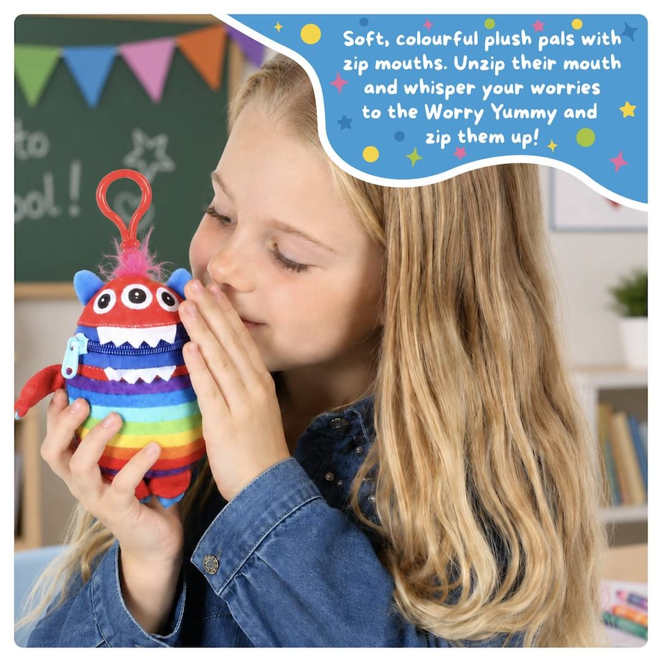 image 1 of Kids Worry Yummy Monster Clip-On Keyring Bag Charm Pram Pack of 5 Multicoloured Soft Toy Set