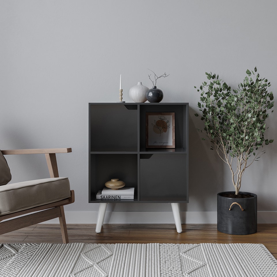 image 1 of Black 4-Cube Storage Unit with 2 Wooden Doors and Legs | Black | Black & White | 1
