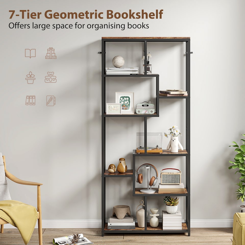 image 1 of HOMCOM 7-Tier Bookshelf, Geometric Bookcase, Industrial Floor Standing Book Shelf, Open Display Shelving Unit for Living Room, Home Office and Bedroom, Rustic Brown and Black | Brown