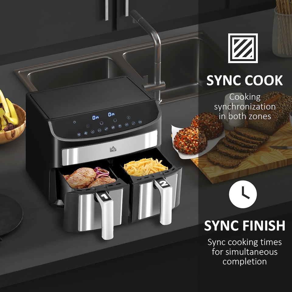 image 1 of HOMCOM Dual Zone Digital Air Fryer, 10-in-1 8L Family Size with 2 x 4L Baskets, Sync Cook & Smart Finish, 60-Minute Timer for Oil Free & Low Fat Healthy Cooking, 2400W, Black