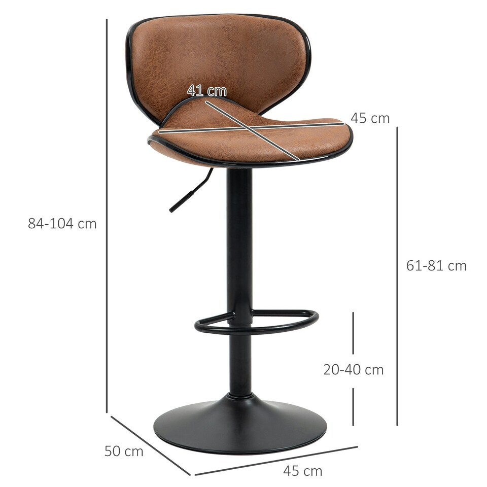 image 1 of HOMCOM Bar Stool Set of 2 Microfiber Cloth Adjustable Armless Chairs Brown