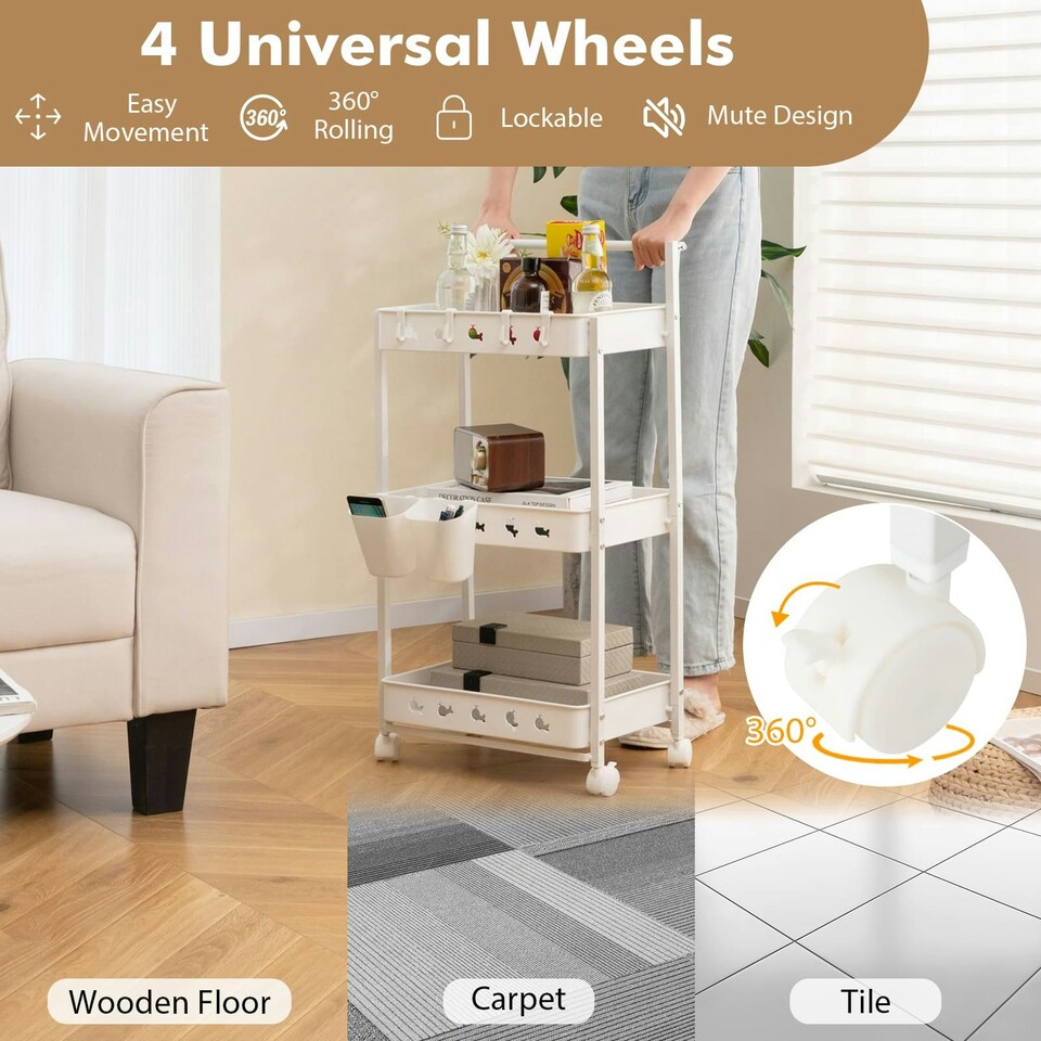 image 1 of COSTWAY 3-Tier Rolling Storage Cart Utility Cart