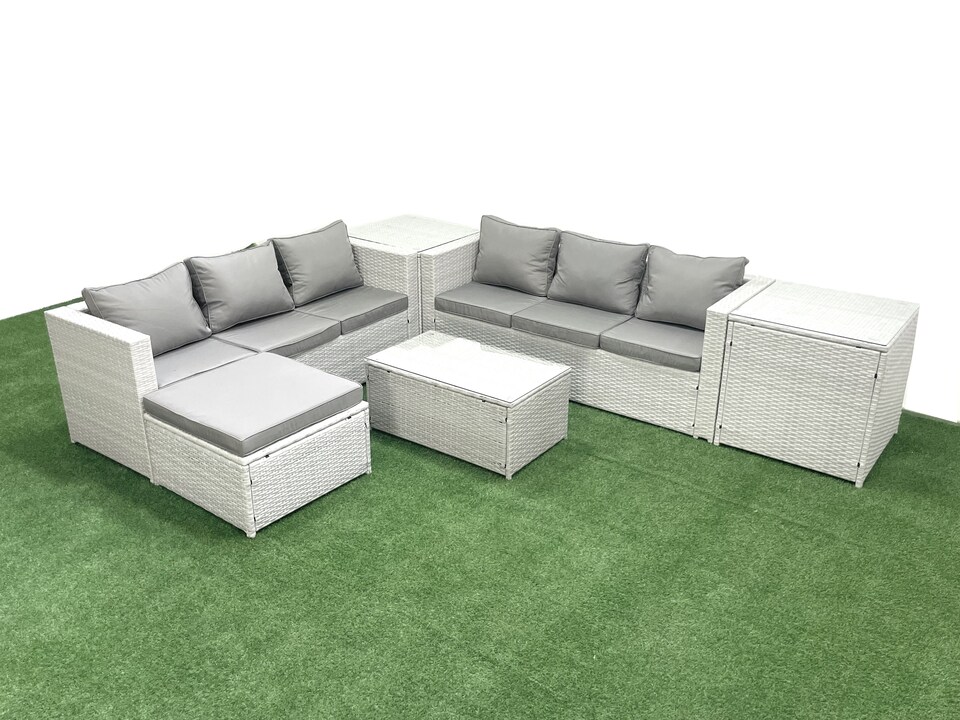 image 1 of Fimous Garden Outdoor PE Rattan Furniture Set 7 Seater Rattan Garden Sofa Set with Big Footstool 2 Side Tables Light Grey Mixed
