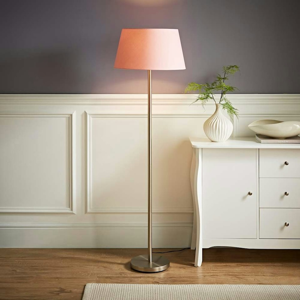 image 1 of ValueLights Modern Floor Lamp In Brushed Chrome Metal Finish With Extra Large Pink Shade