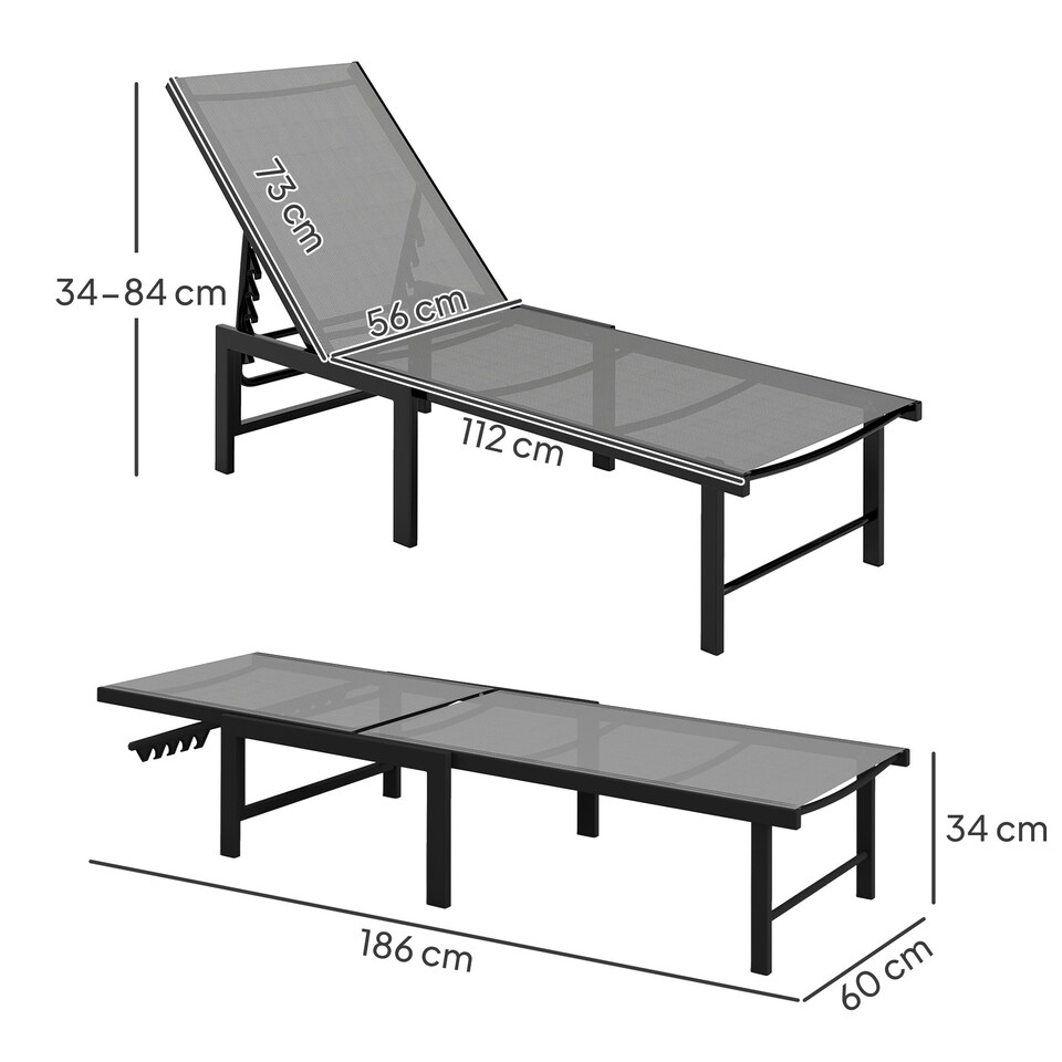 image 1 of Outsunny Sun Loungers Set of 2, 5-Level Reclining Sunbeds, Grey